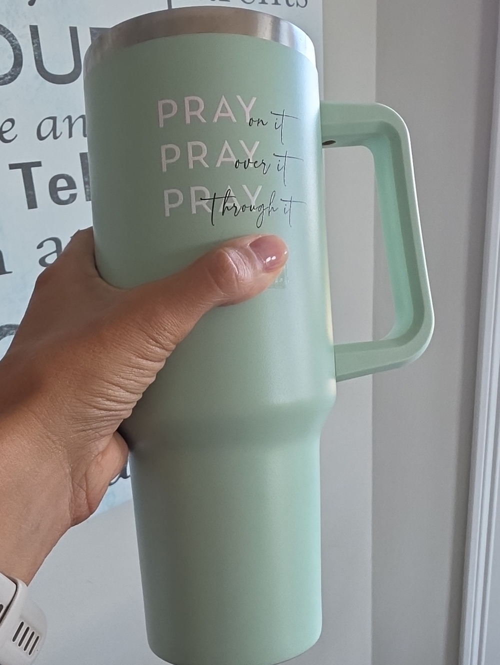 Altar'd State Mint Green Insulated Mug with Handle - PRAY Script